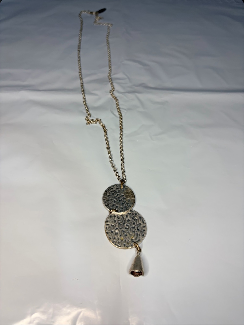 Gold-Tone Textured Double Disc Necklace with Teardrop Charm